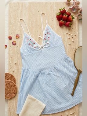 Wild Fable Blue & White Striped Strawberry Embroidered Dress - Size S